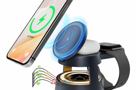 5 in 1 Wireless Charging Station, 15W Fast Charging Wireless Charger for Iphone Airpods Iwatch with Magsafe,Bluetooth Speakers,Mushroom Light Compatible with Iphone 8 and above Series