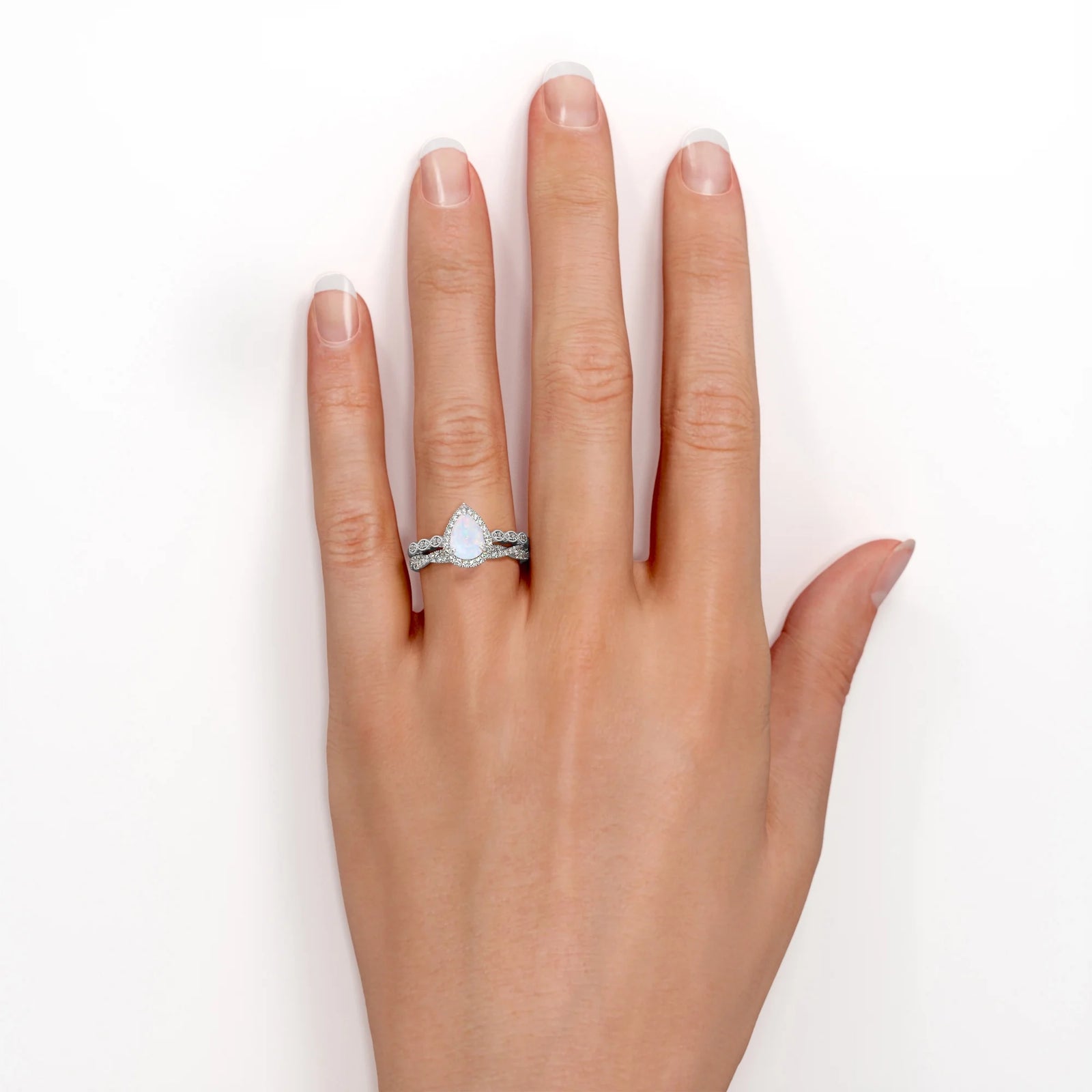 1.5 Carat Pear Cut Lab Created Opal and Moissanite Vintage Engagement Ring - Halo Pave Bridal Set in 18K White Gold Plating for Women