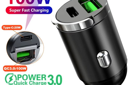 Car 100-200W Dual Port Mini USB Charger Ultra Fast Charging Cigarette Lighter Socket 12-24V Aluminum Cell Phone Charging Adapter