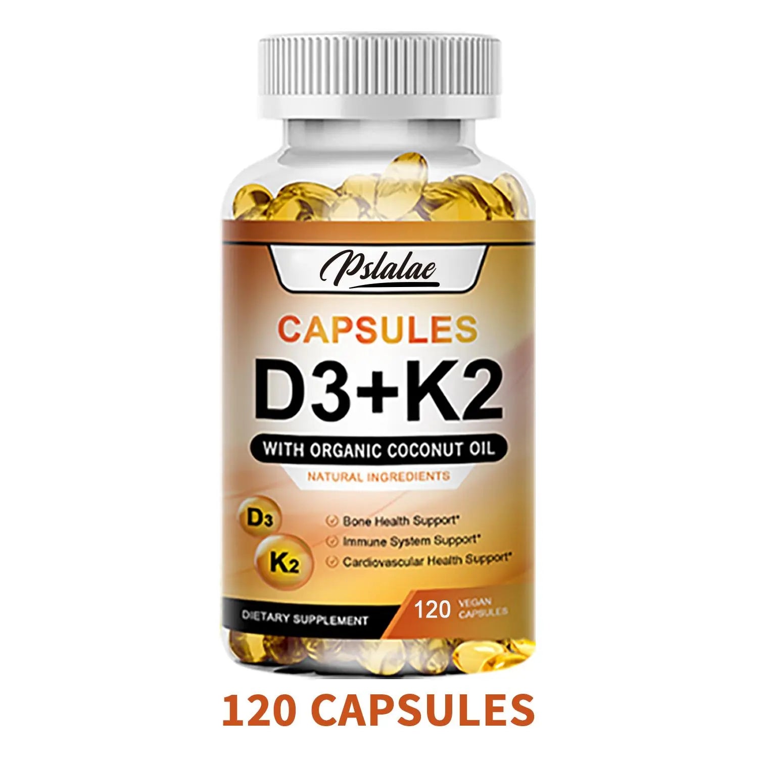 Pslalae - Vitamin D3+K2 Complex Supplement - Contains Organic Coconut Oil - Fortified with High-Quality Nutrients - Vitamin Supplement - 120 Capsules